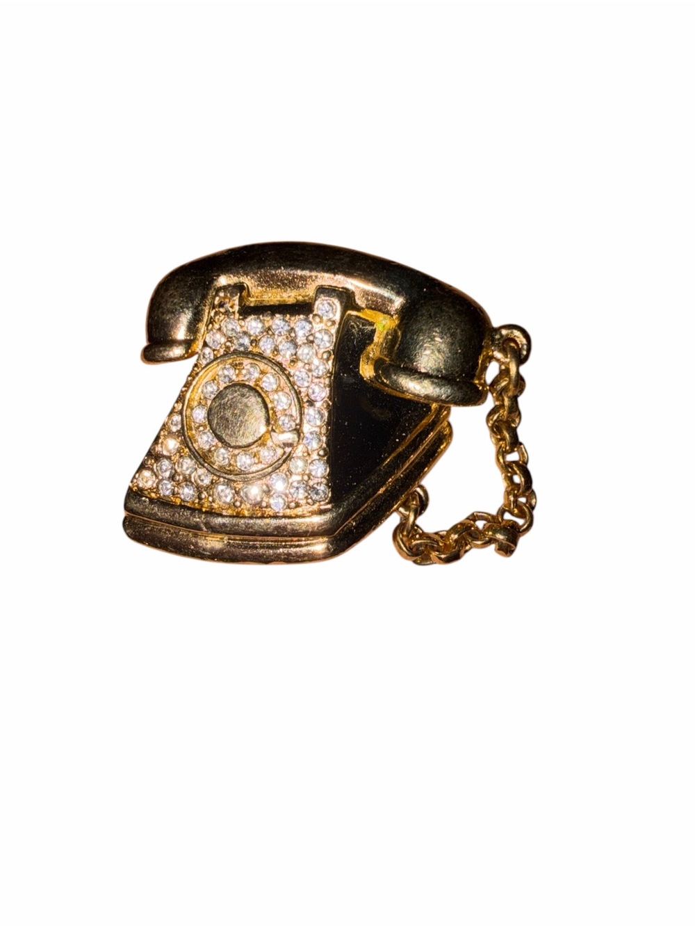 Vintage Swarovski Gold Tone Black Enamel Rotary Telephone Brooch